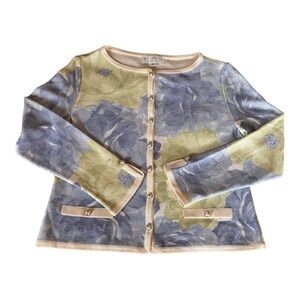 NWT St. John Collection Chambray Floral Knit Cardigan in Blue & Green Sz 14 (12)